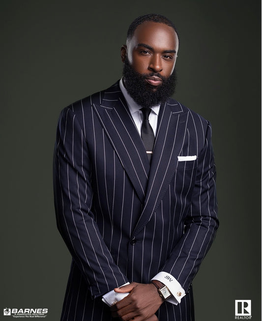 Navy Blue Double Breasted Pinstripe suit ( 2 Button Closure 1 button Visible )