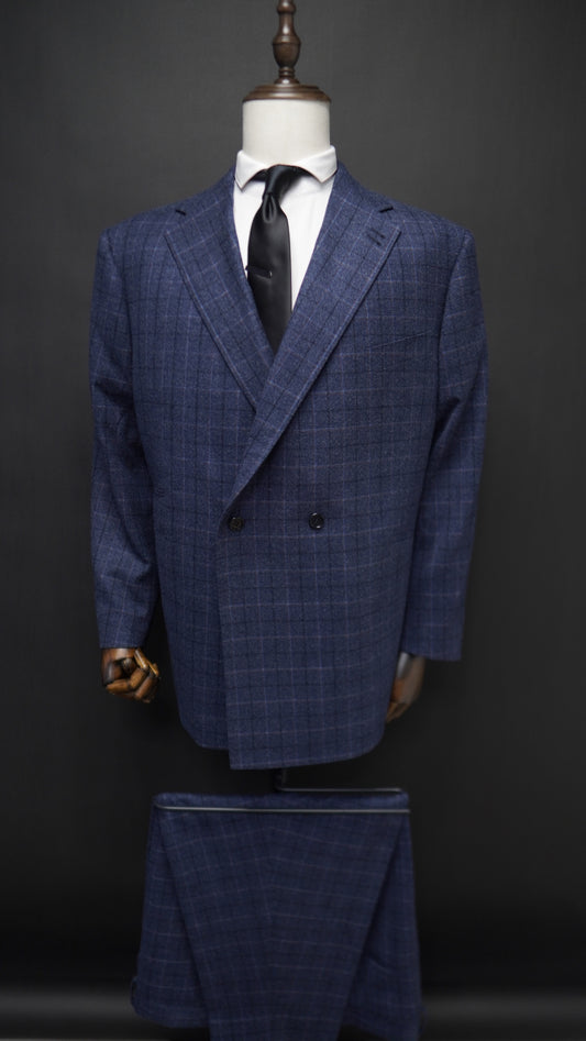 Blue Double Breasted Two Button Plaid Suit ( Notch Lapel )