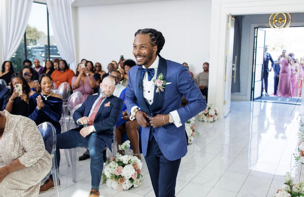 Blue Jacquard  3 pc Tuxedo ( Vest Included )
