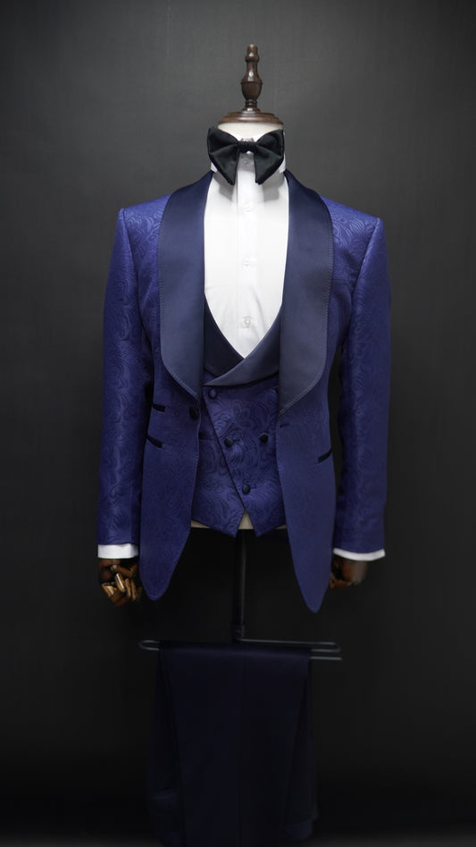 Blue Jacquard  3 pc Tuxedo ( Vest Included )