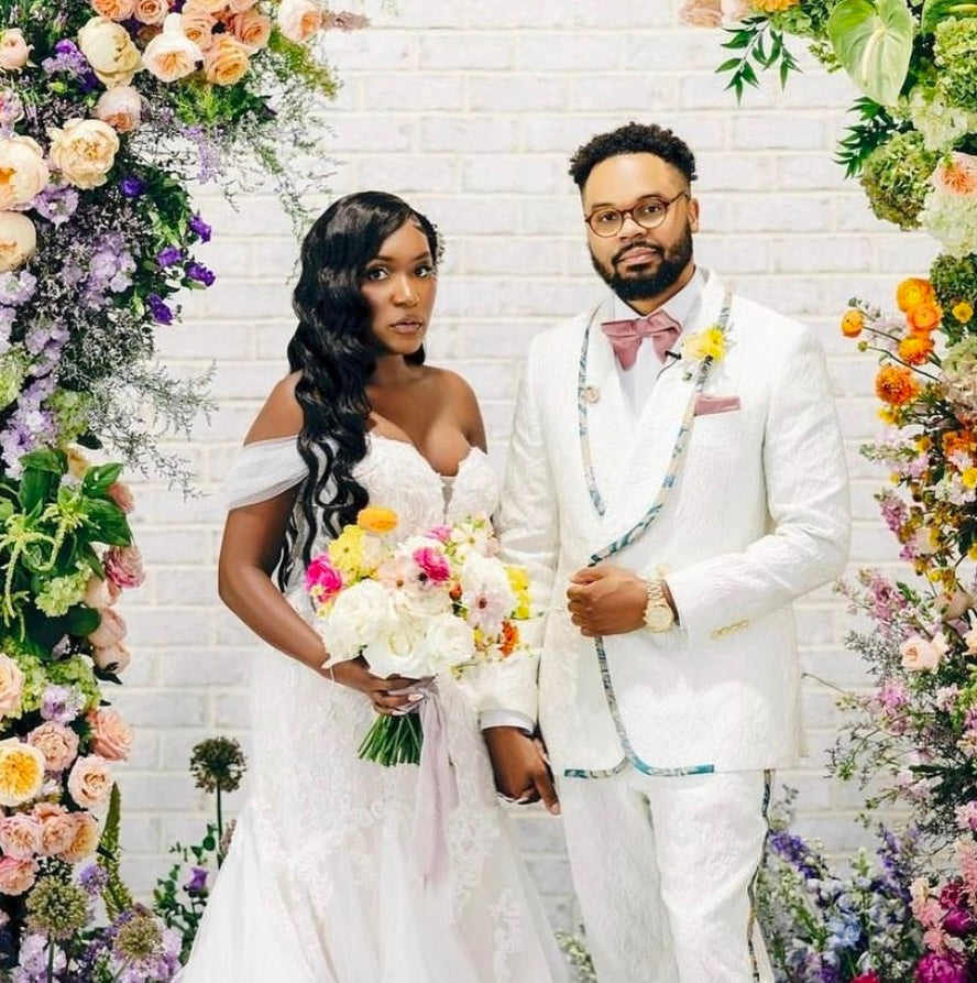 White Double Breasted Jacquard Tuxedo